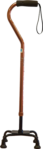 Picture of a copper-coloured walking stick with a slightly wider base than a standard walking stick, used to provide support for persons to move about in the community