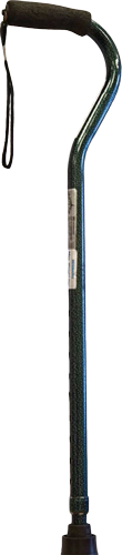 Picture of a black-coloured walking stick with a narrow base, used to provide light support for persons to move about in the community
