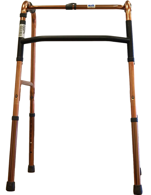 Picture of a copper-coloured walking frame with four legs, used to support persons to walk stably